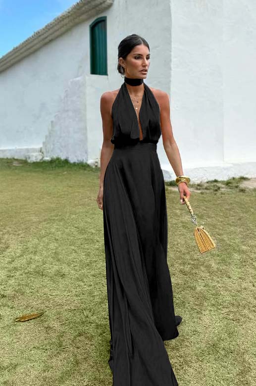 Charming Sleeveless Halter V Neck Long Prom Dress With Pleated BMBRIDE