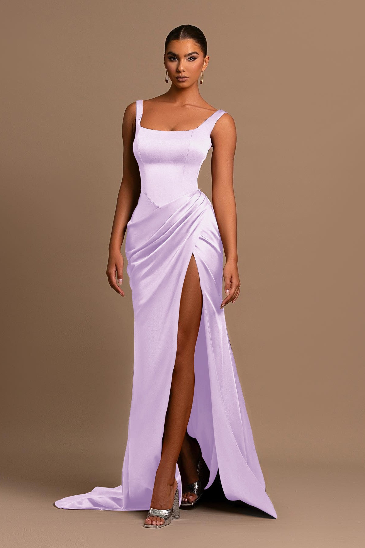 Dusty Rose Spaghetti Strap Square Neck Sleeveless Mermaid Prom Dress With Split BMBRIDE