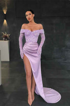 Mermaid Off the Shoulder Long Sleeves Sequins Prom Dress With High Split