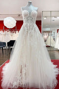 Beautiful Strapless Long A-Line Tulle Ivory Wedding Dress with Lace Appliques BM bride
