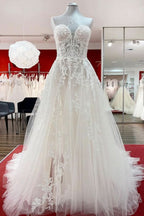 Beautiful Strapless Long A-Line Tulle Ivory Wedding Dress with Lace Appliques BM bride