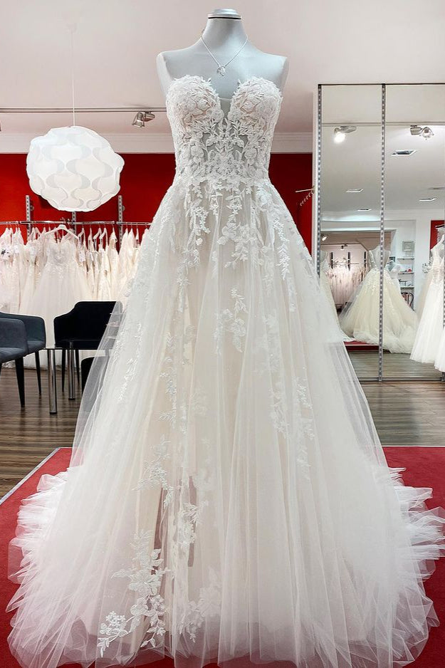 Beautiful Strapless Long A-Line Tulle Ivory Wedding Dress with Lace Appliques BM bride