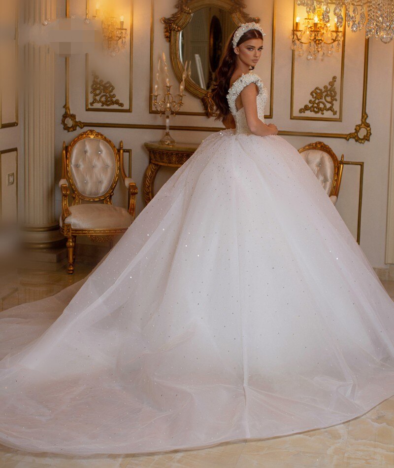 Glamorous Off-the-Shoulder Beaded Princess Wedding Dress with Pearl and Tulle BM bride