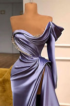 Purple One Shoulder Long Sleeves Evening Dress with Beadings and Split Mermaid BM bride