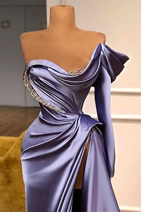 Purple One Shoulder Long Sleeves Evening Dress with Beadings and Split Mermaid BM bride
