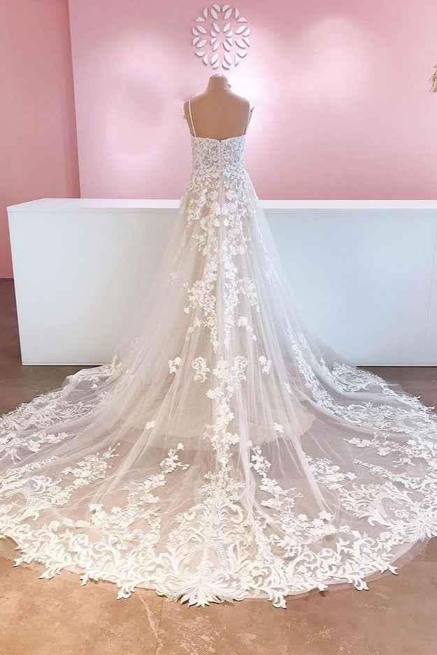 Spaghetti Strap A-Line Tulle Backless Wedding Dress with Lace Appliques BM bride