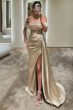 Fashion Champagne Off-the-Shoulder Prom Dress, Cut Out Split BM bride