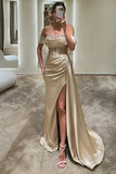 Fashion Champagne Off-the-Shoulder Prom Dress, Cut Out Split BM bride