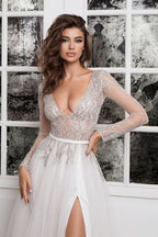 Long Sleeve V-Neck A-Line Tulle Beaded Wedding Dress with Split BM bride