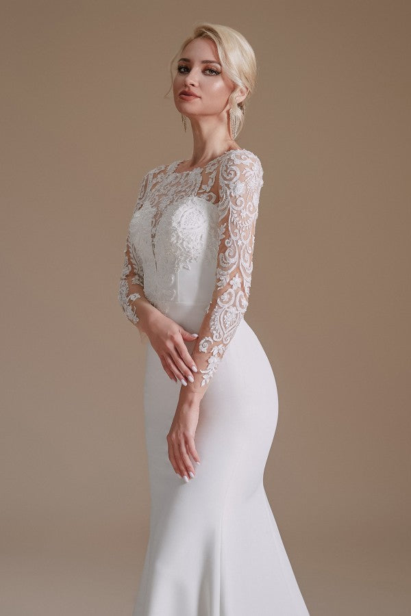 Jewel Neck Satin Lace Long Sleeve Mermaid Wedding Dress BM bride