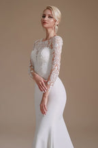 Jewel Neck Satin Lace Long Sleeve Mermaid Wedding Dress BM bride