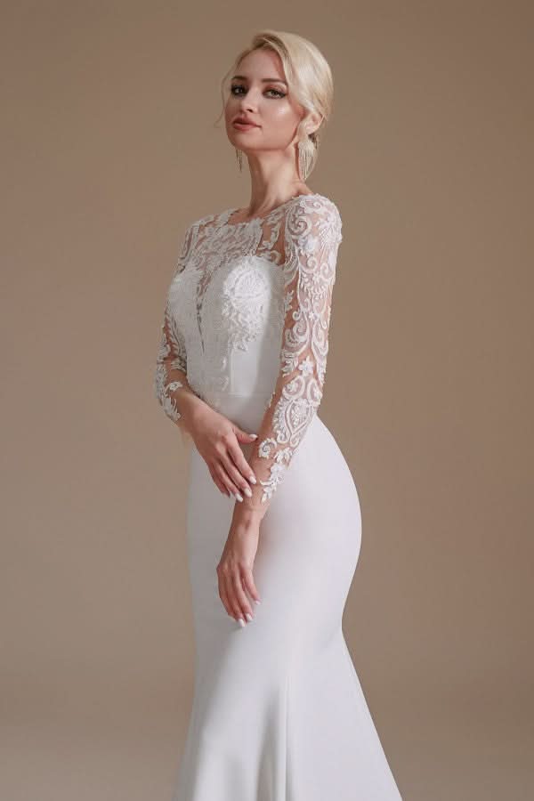 Jewel Neck Satin Lace Long Sleeve Mermaid Wedding Dress BM bride
