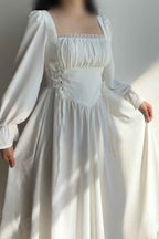 Square Neck Long Sleeves Long Prom Dress With Pleated Ruffles