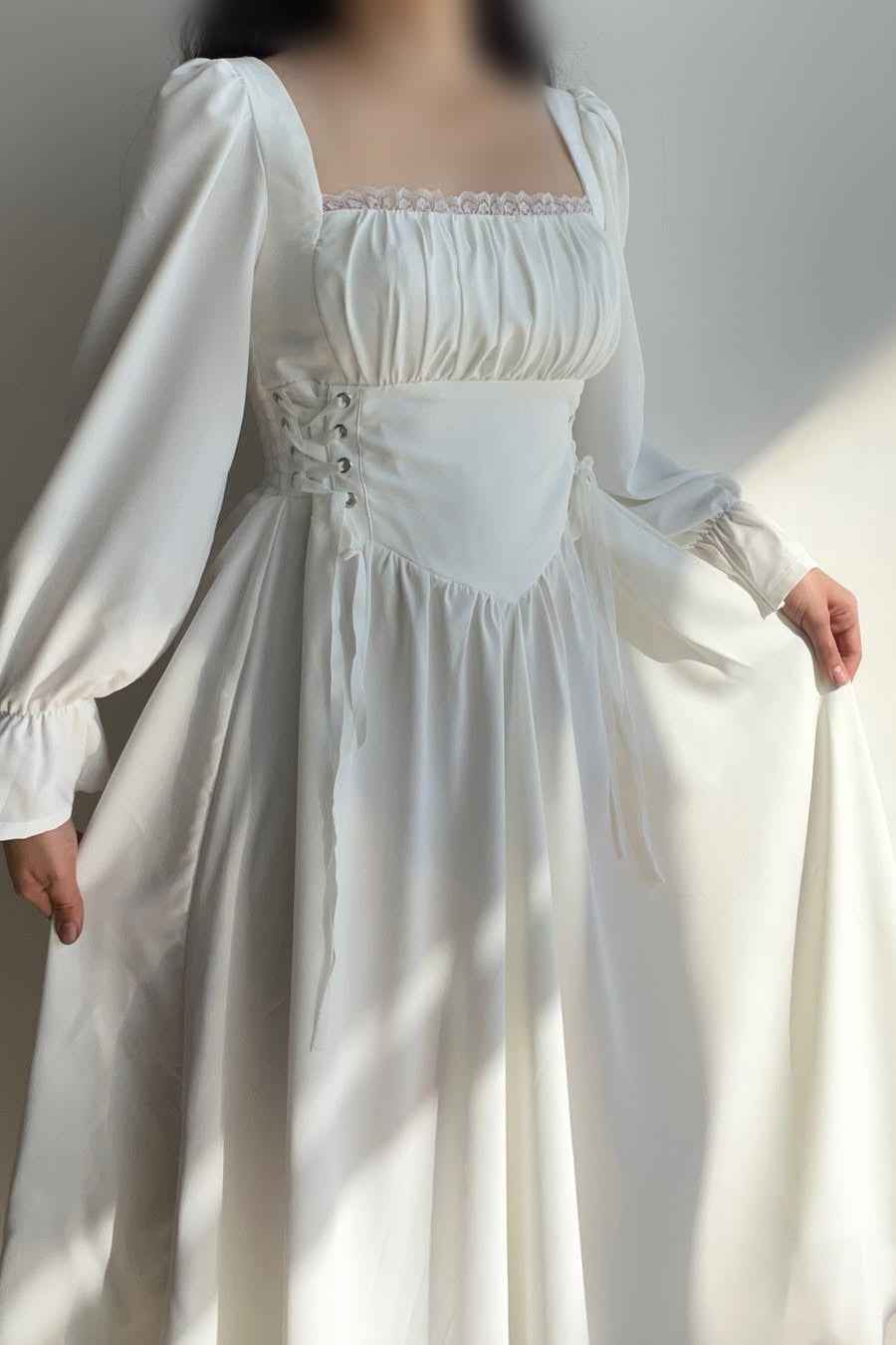 Square Neck Long Sleeves Long Prom Dress With Pleated Ruffles