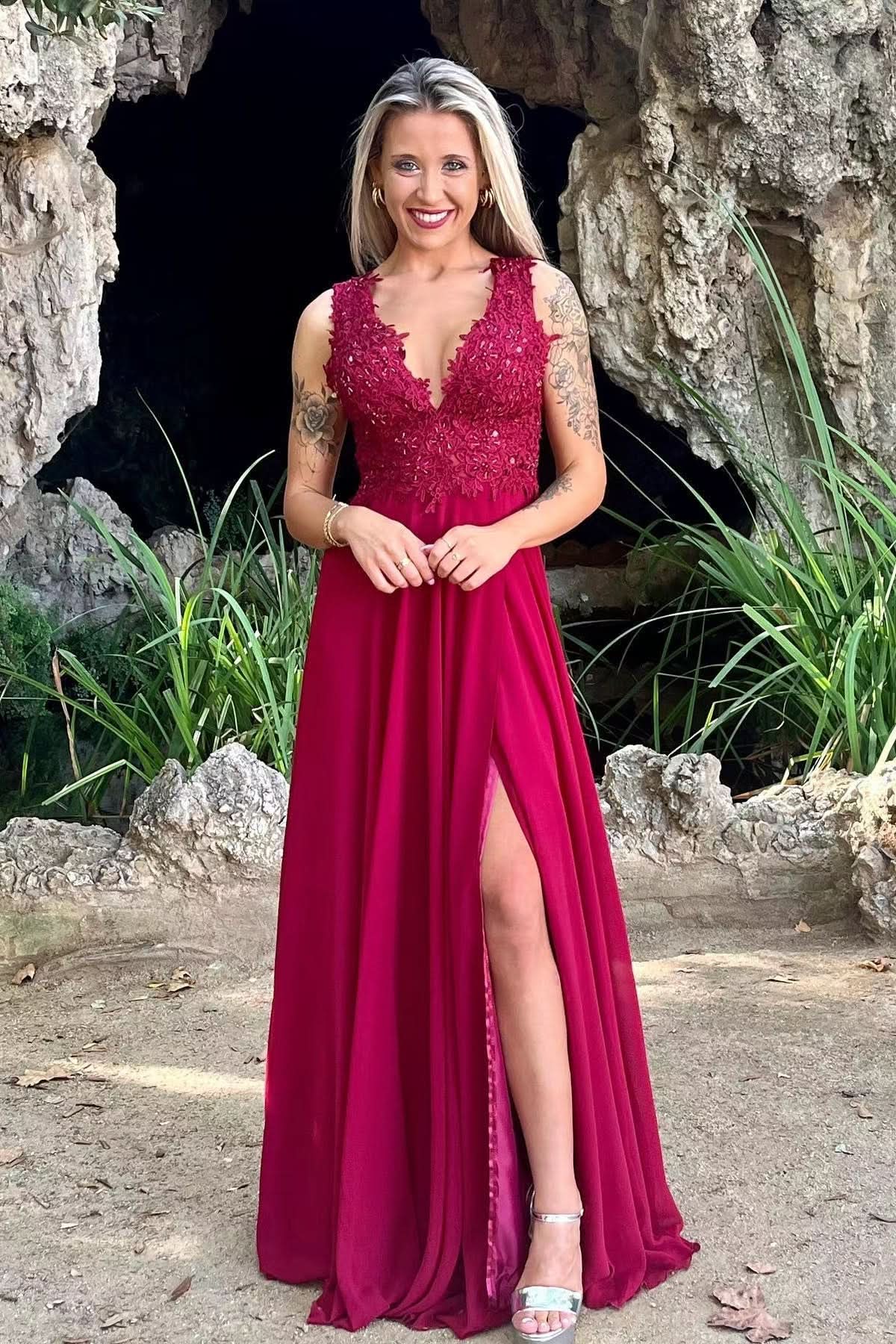 Vintage Red V-Neck Long Prom Dress with Split and Appliqueds BM bride