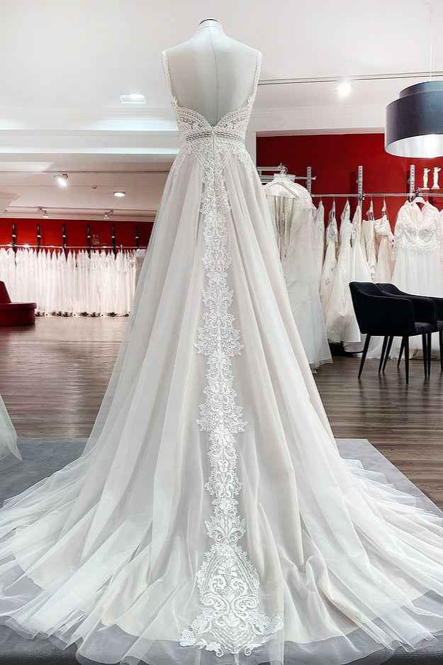 A-Line Wedding Dress with Ruffles, Open Back, and Tulle Lace BM bride