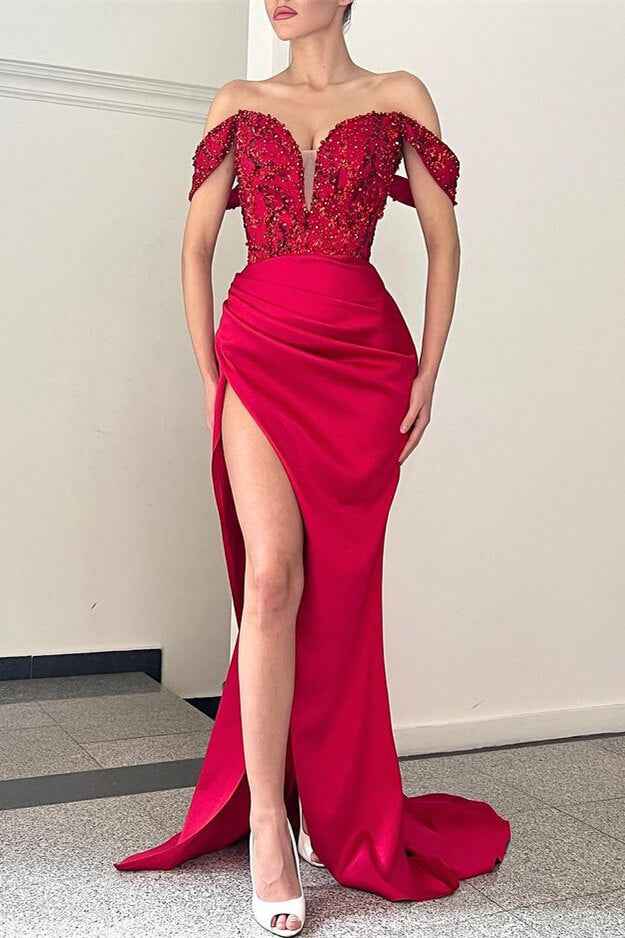 Latest Burgundy Off the Shoulder Mermaid Prom Dress Beading With Split