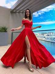 Simple Red Satin Off the Shoulder Sleeveless Mermaid Prom Dress With Split
