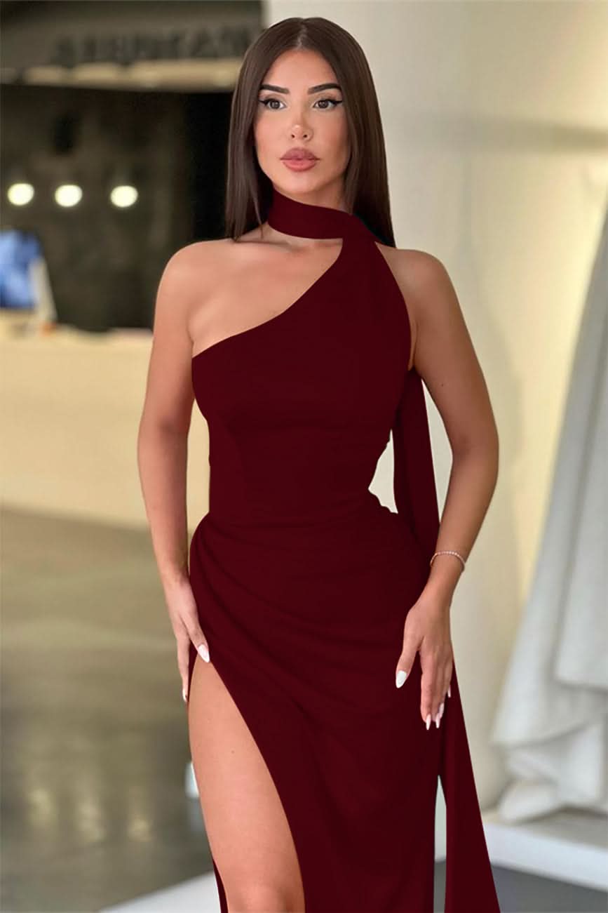 Red High Collar Long Mermaid Prom Dress with Slit and Ruffles BM bride