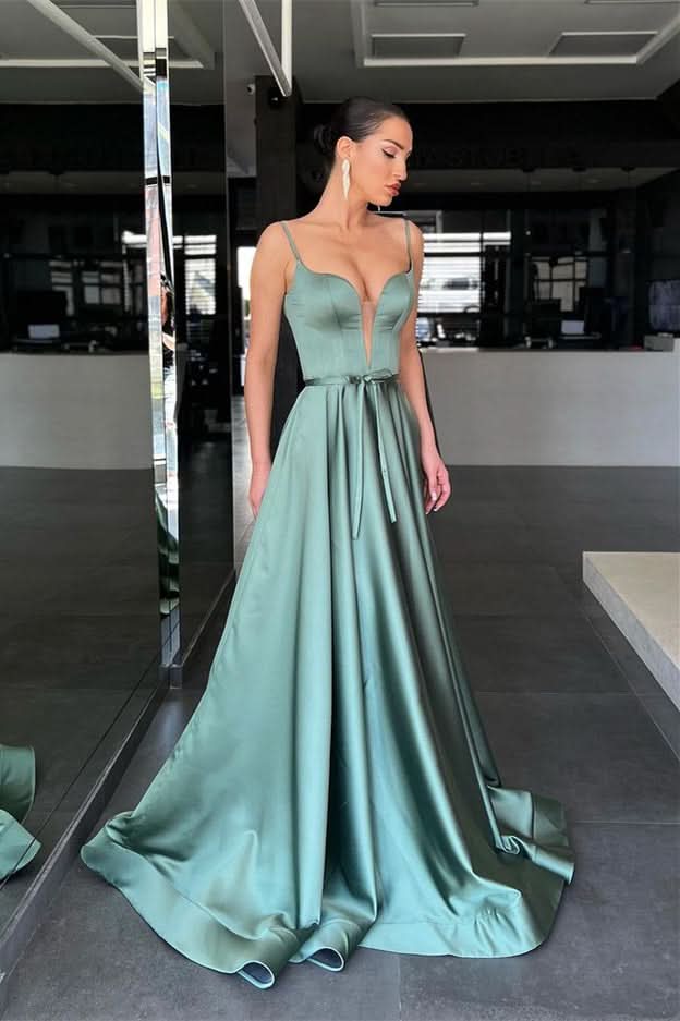 Sage Spaghetti-Strap A-Line Long Prom Dress with Belt BM bride
