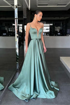 Sage Spaghetti-Strap A-Line Long Prom Dress with Belt BM bride