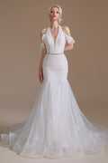 Elegant Long Mermaid Halter Tulle Floor-Length Wedding Dress with Lace Appliques BM bride