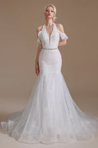 Elegant Long Mermaid Halter Tulle Floor-Length Wedding Dress with Lace Appliques BM bride