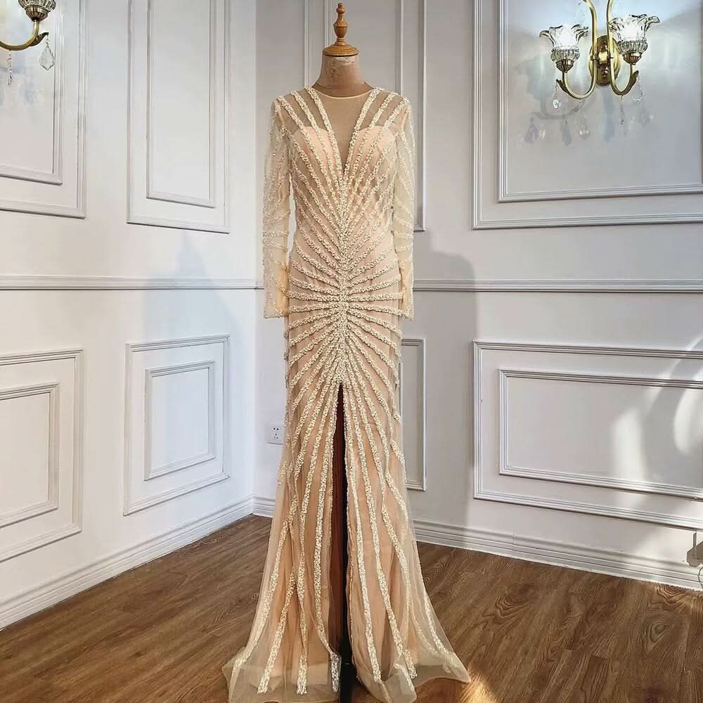 Sexy Black Sequin Prom Dress, Long Sleeve V-Neck High Slit Mermaid BM bride