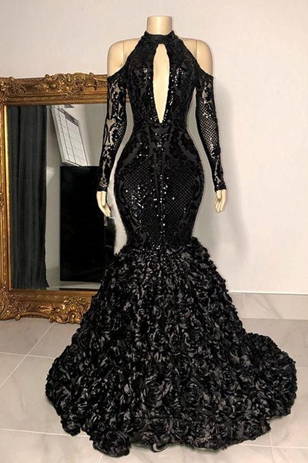 BMbride Dignified Black Halter Long Sleeve Transparent lace Beading Floor-length Mermaid Prom Dresses BMbride