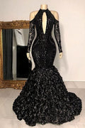 BMbride Dignified Black Halter Long Sleeve Transparent lace Beading Floor-length Mermaid Prom Dresses BMbride