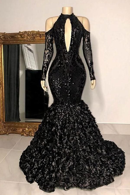 BMbride Dignified Black Halter Long Sleeve Transparent lace Beading Floor-length Mermaid Prom Dresses BMbride
