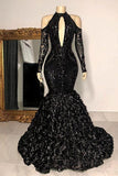 BMbride Dignified Black Halter Long Sleeve Transparent lace Beading Floor-length Mermaid Prom Dresses BMbride