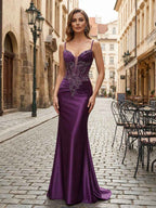 Mermaid Spaghetti Straps Satin Long Corset Appliqued Prom Dress