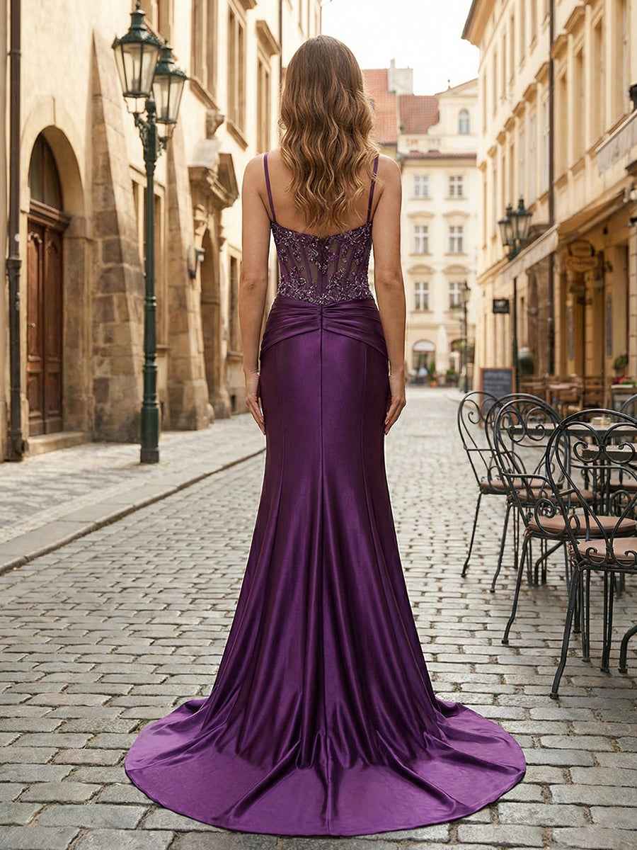 Mermaid Spaghetti Straps Satin Long Corset Appliqued Prom Dress