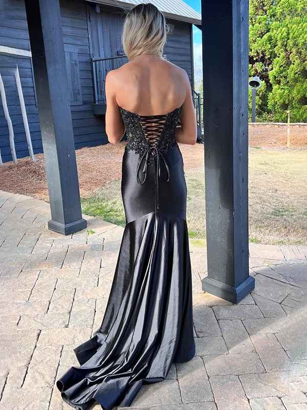Navy Mermaid Sweetheart Lace Satin Long Prom Dress with Slit