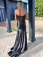 Navy Mermaid Sweetheart Lace Satin Long Prom Dress with Slit