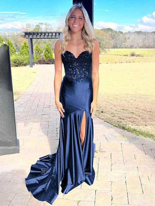 Navy Mermaid Sweetheart Lace Satin Long Prom Dress with Slit BMBRIDE