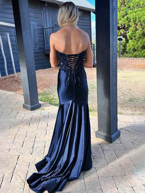 Navy Mermaid Sweetheart Lace Satin Long Prom Dress with Slit BMBRIDE