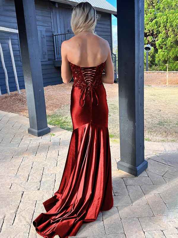 Navy Mermaid Sweetheart Lace Satin Long Prom Dress with Slit