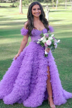 Sweet A-Line Sweetheart Tiered Tulle Long Prom Dress with Slit BM bride