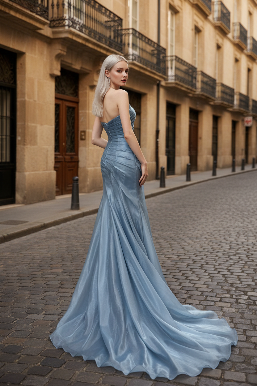 Dusty Blue Pleated Premium water-light satin Mermaid Gown with Sweeping Train BMBRIDE