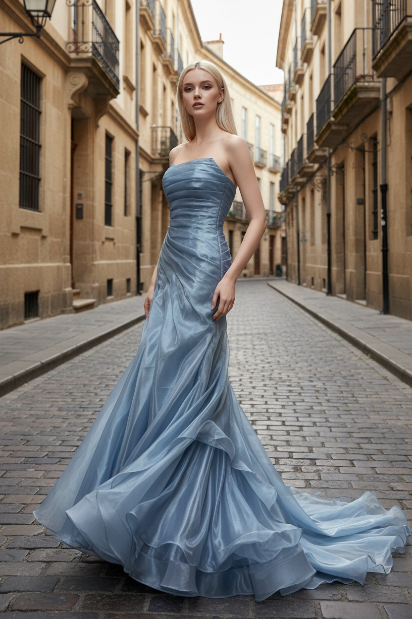 Dusty Blue Pleated Premium water-light satin Mermaid Gown with Sweeping Train BMBRIDE