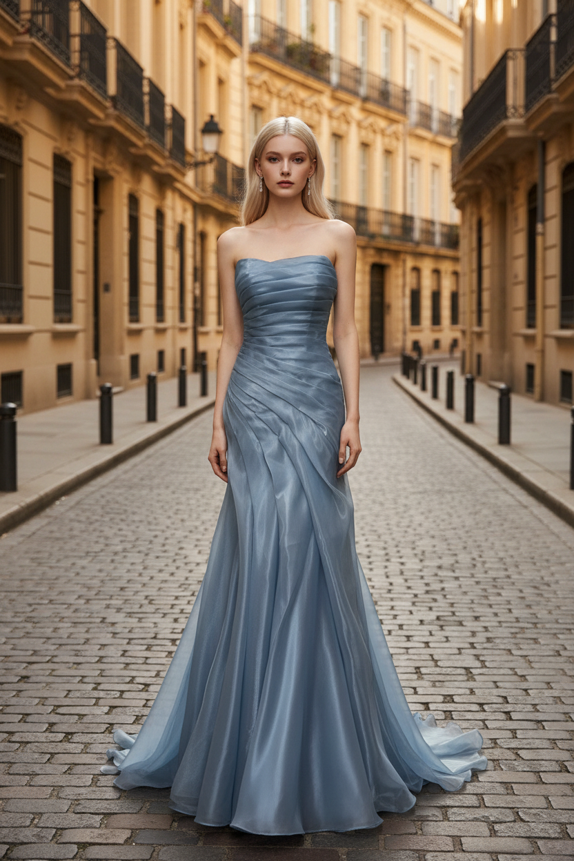 Dusty Blue Pleated Premium water-light satin Mermaid Gown with Sweeping Train BMBRIDE