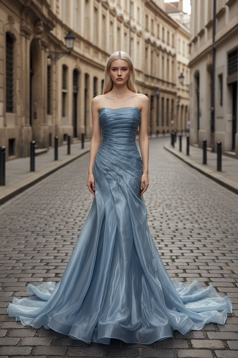Dusty Blue Pleated Premium water-light satin Mermaid Gown with Sweeping Train BMBRIDE