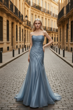 Dusty Blue Pleated Premium water-light satin Mermaid Gown with Sweeping Train BMBRIDE