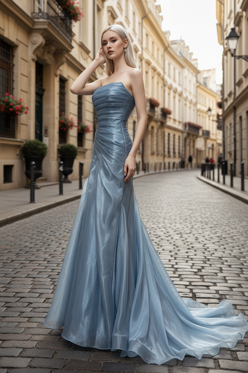 Dusty Blue Pleated Premium water-light satin Mermaid Gown with Sweeping Train BMBRIDE