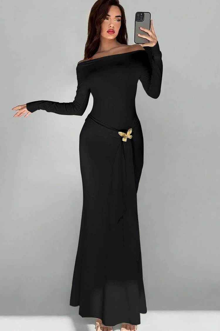 Off the Shoulder Long Sleeves Long Mermaid Prom Dress With Appliques BMBRIDE