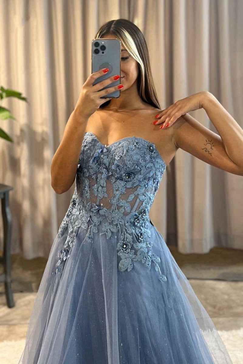 Long Prom Dress A Line Sweetheart Appliques Tulle With Beading