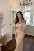 Glamorous Off the Shoulder Long Sleeves Pleated Mermaid Prom Dress With Beadings