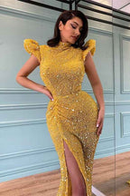 Sequins High Neck Beaded Yellow Long Mermaid Prom Dress With Front Split